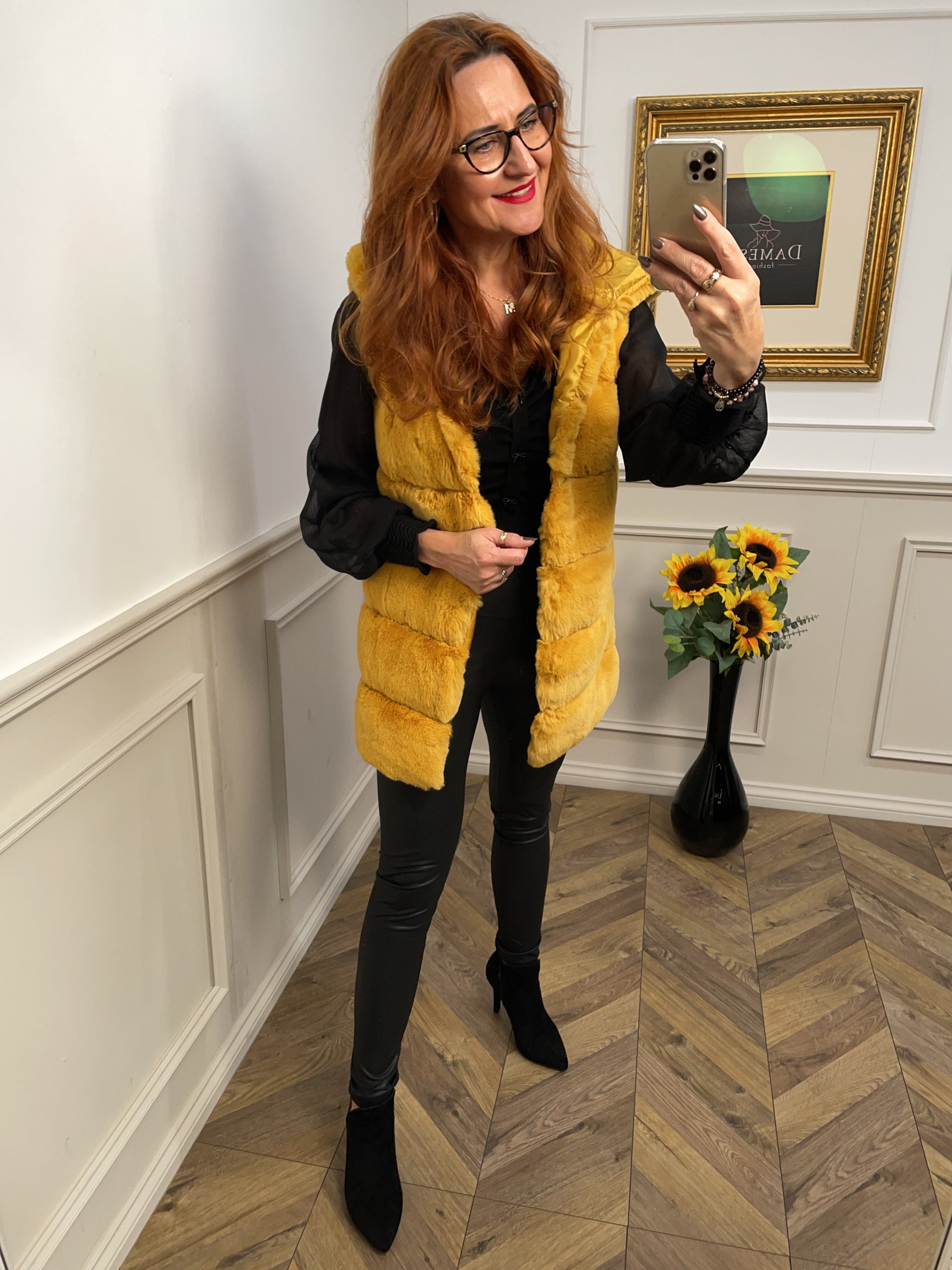 Faux Fur Hooded Longline Gilet Scotino Yellow