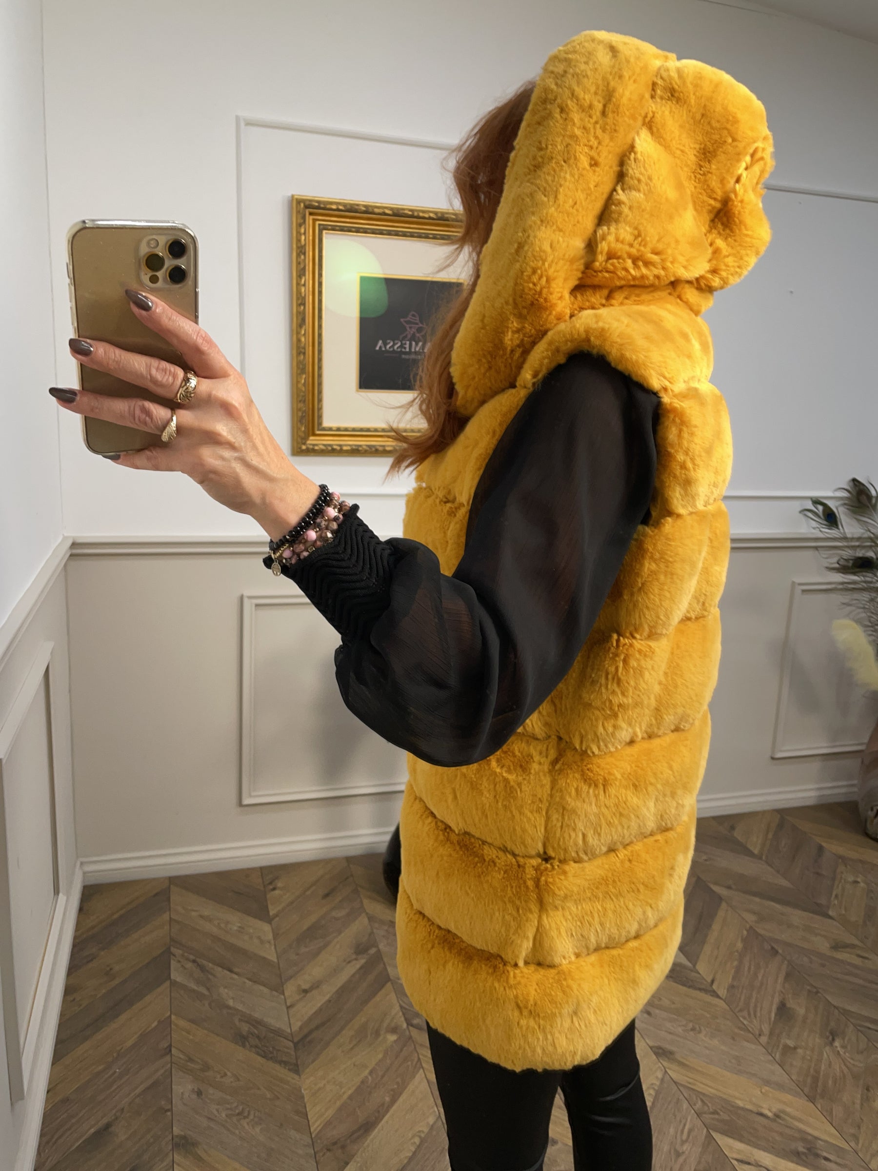 Faux Fur Hooded Longline Gilet Scotino Yellow