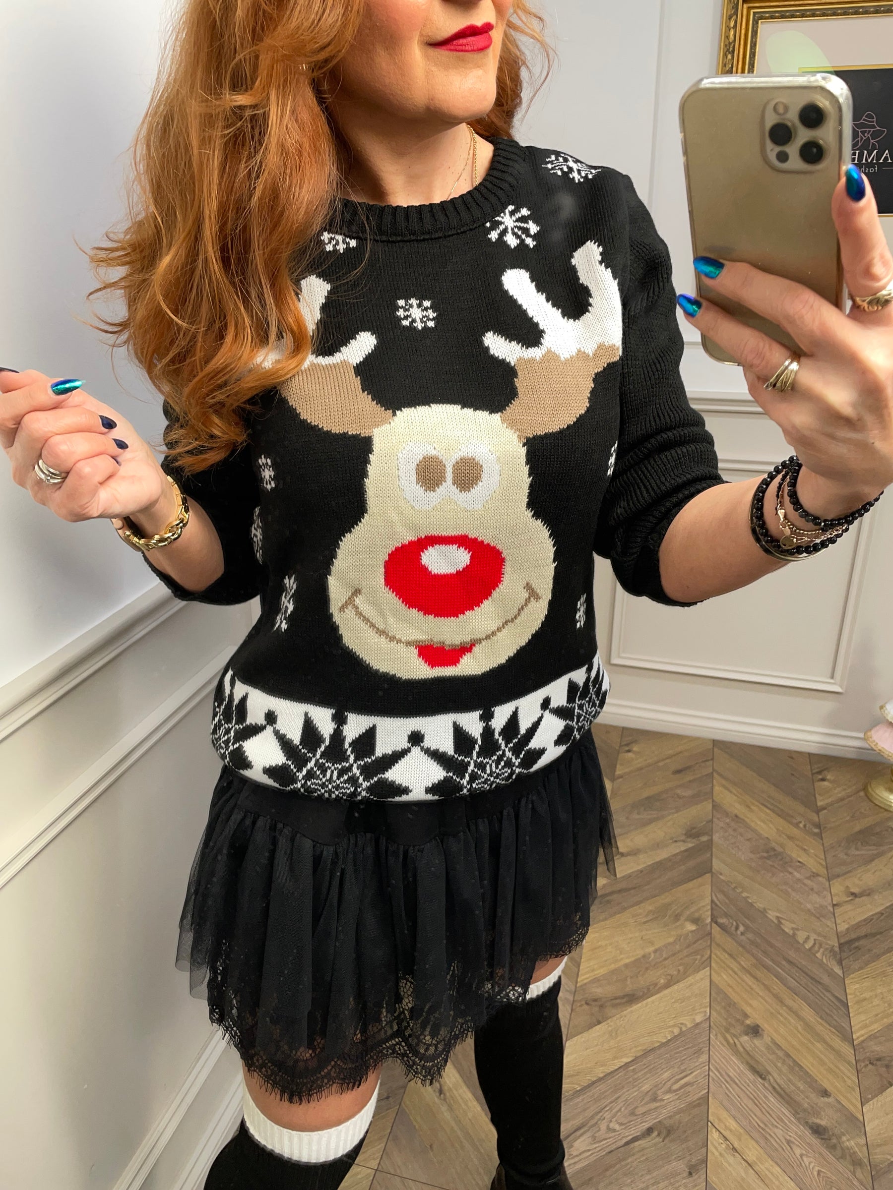 Knitted Christmas Jumper Happy Reindeer Black