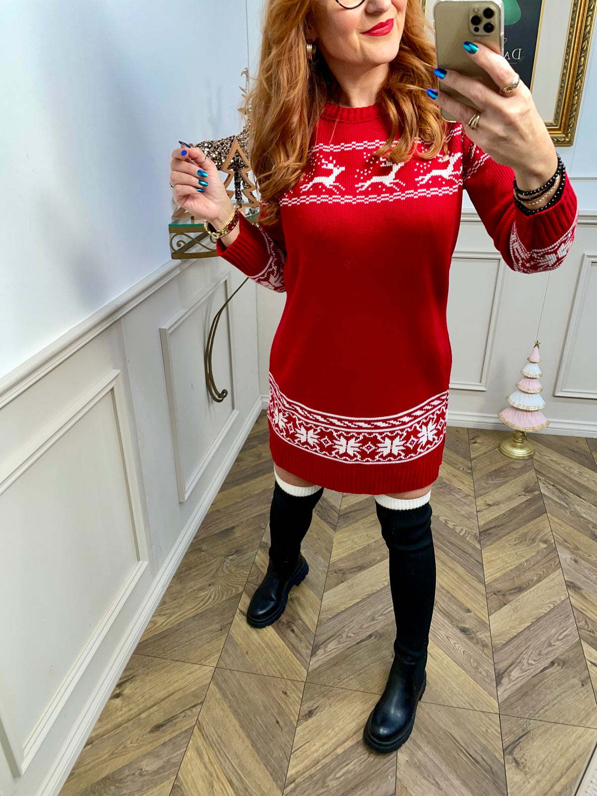 Knitted Christmas Jumper Dress Reindeer Red
