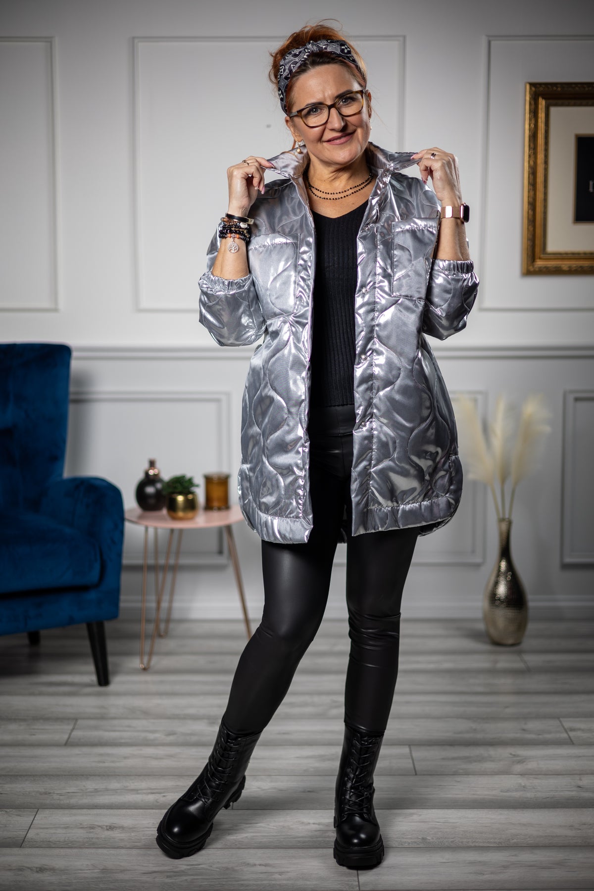 Quilted Shiny Coat Danita Silver