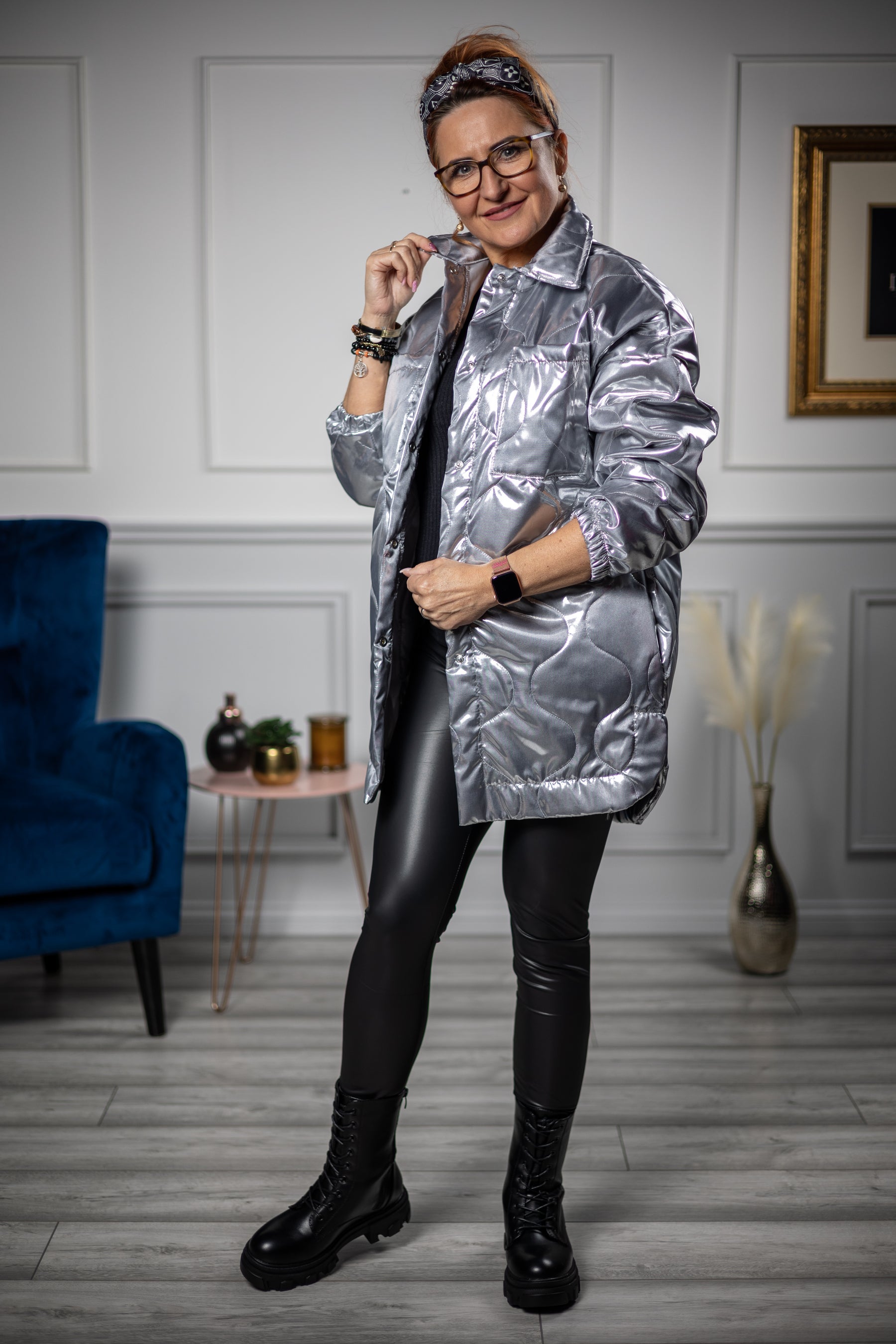 Quilted Shiny Coat Danita Silver