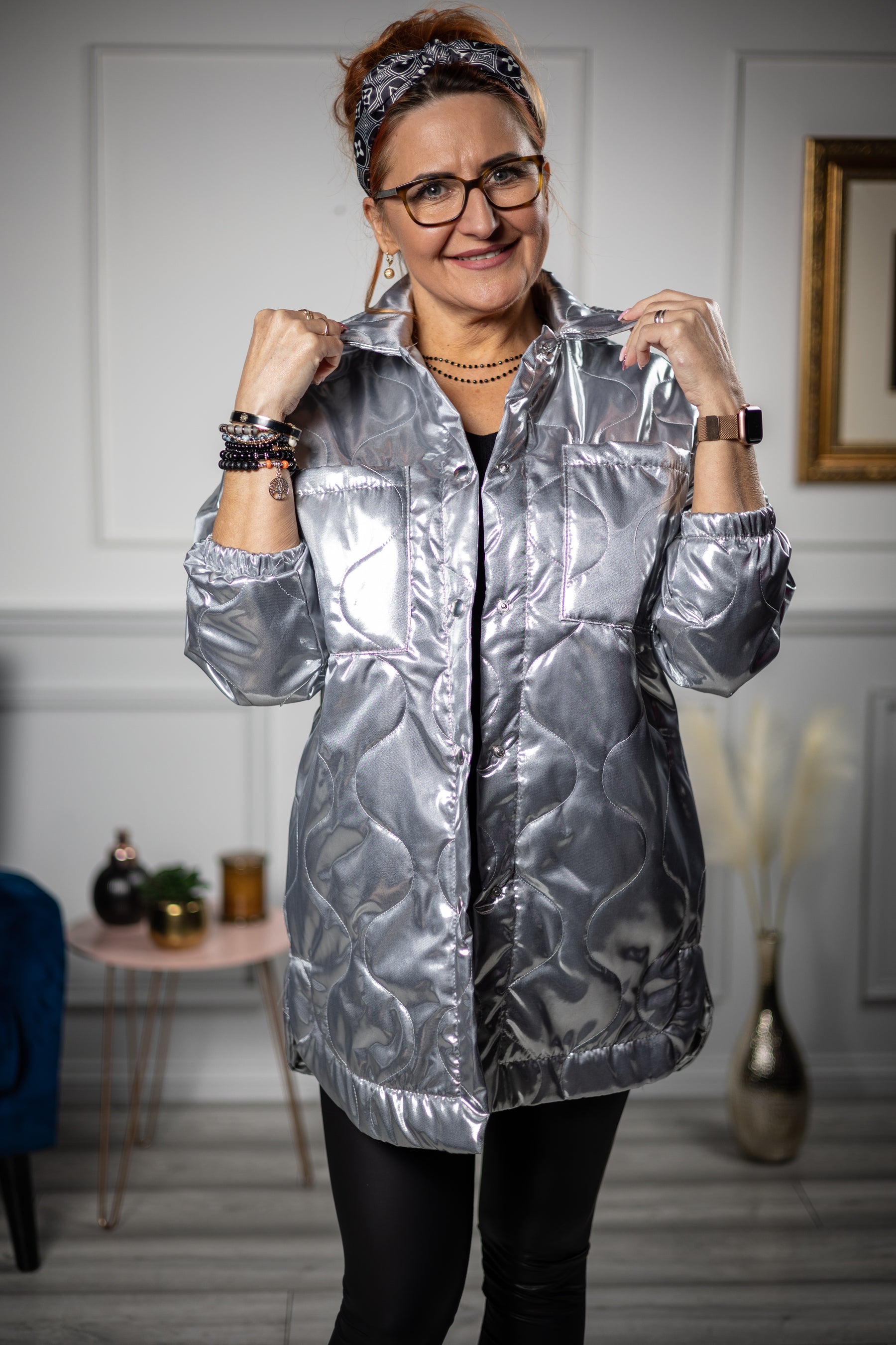 Quilted Shiny Coat Danita Silver