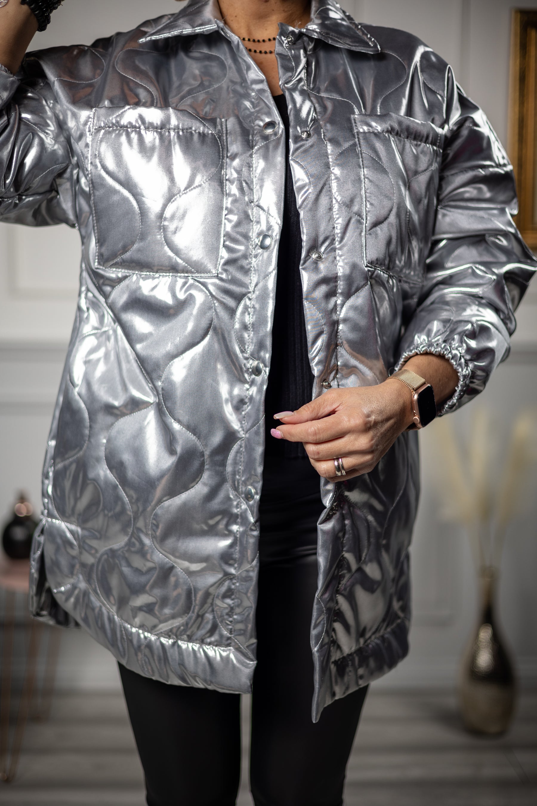 Quilted Shiny Coat Danita Silver