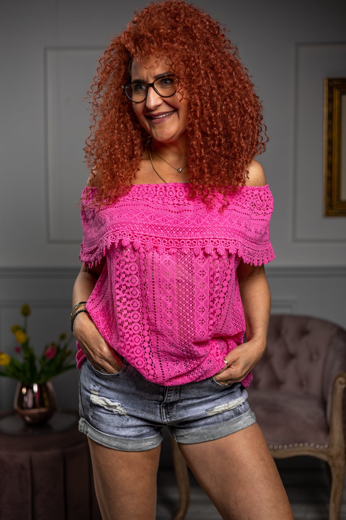 Crochet Open Schoulder Top Porto Fuchsia