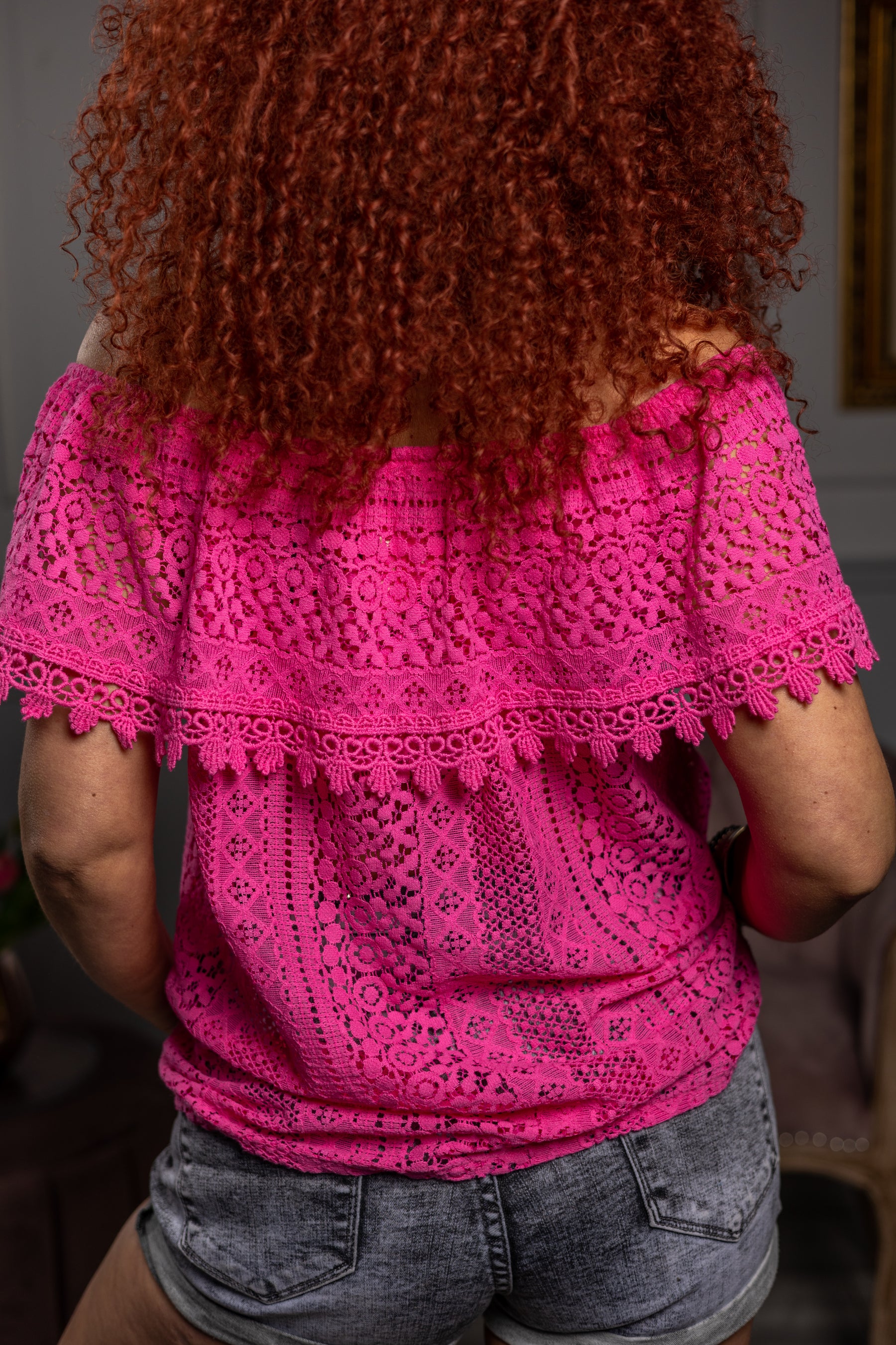 Crochet Open Schoulder Top Porto Fuchsia