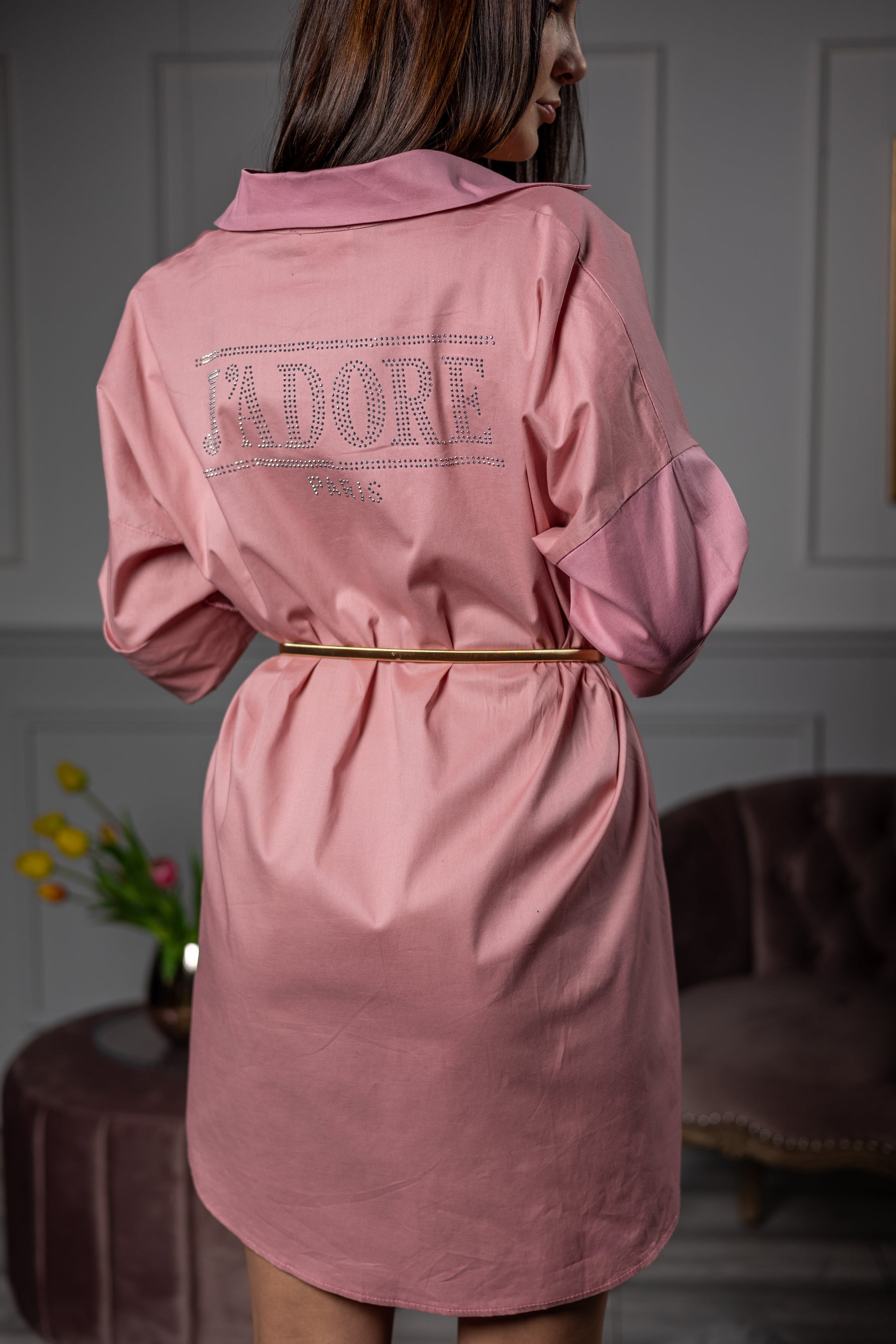 Zirconia Detail Shirt Dress Jadore Pink