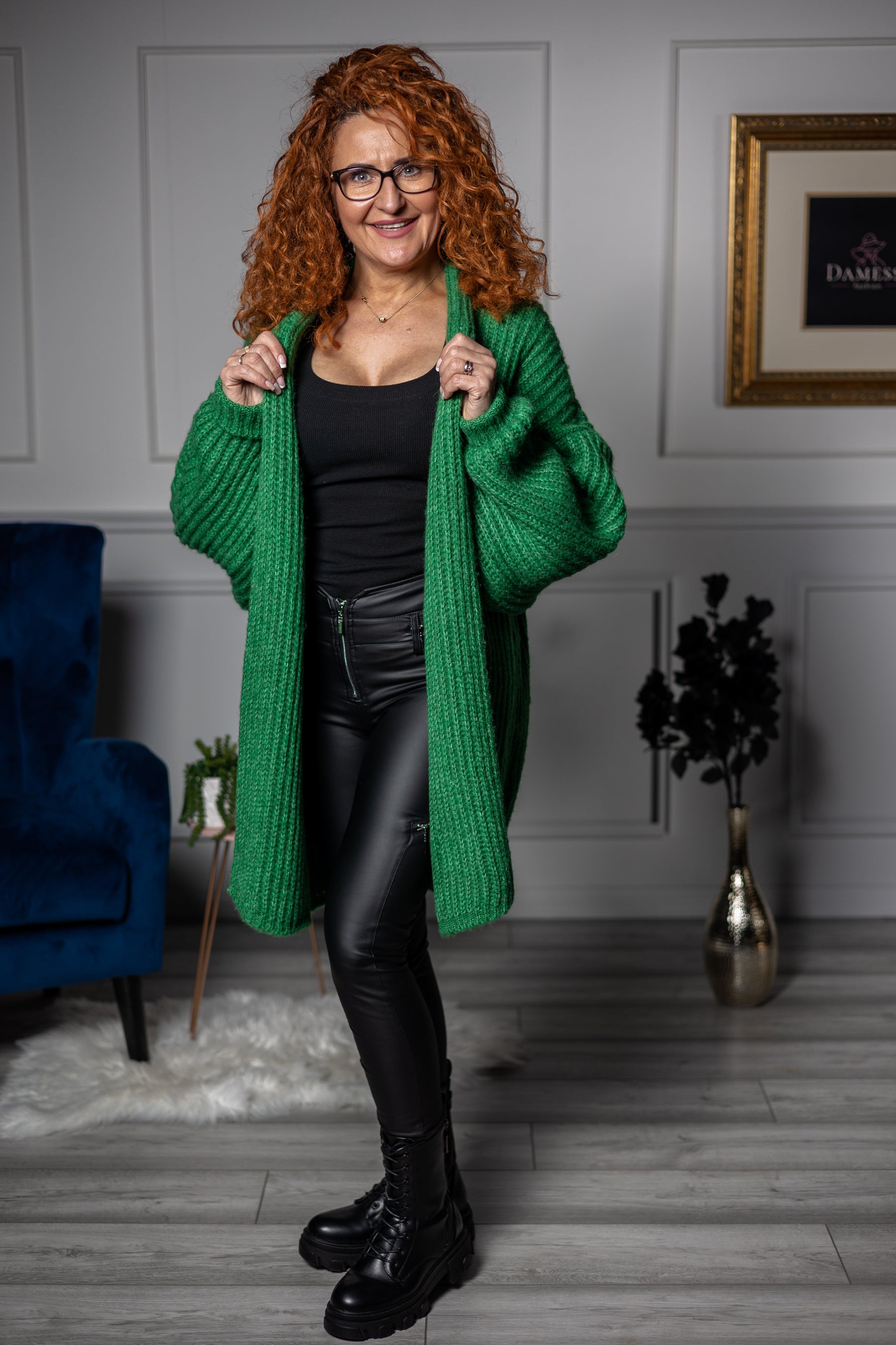 Open Front Chunky Cardigan Polo Green