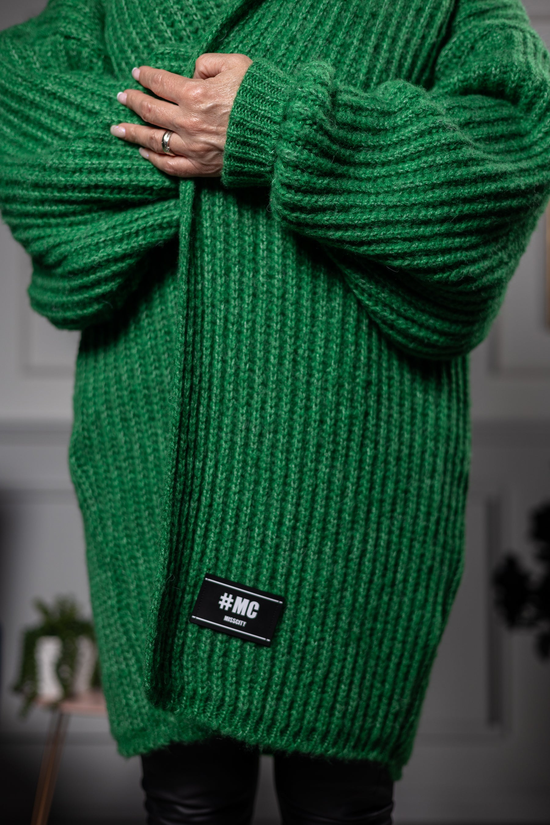 Open Front Chunky Cardigan Polo Green