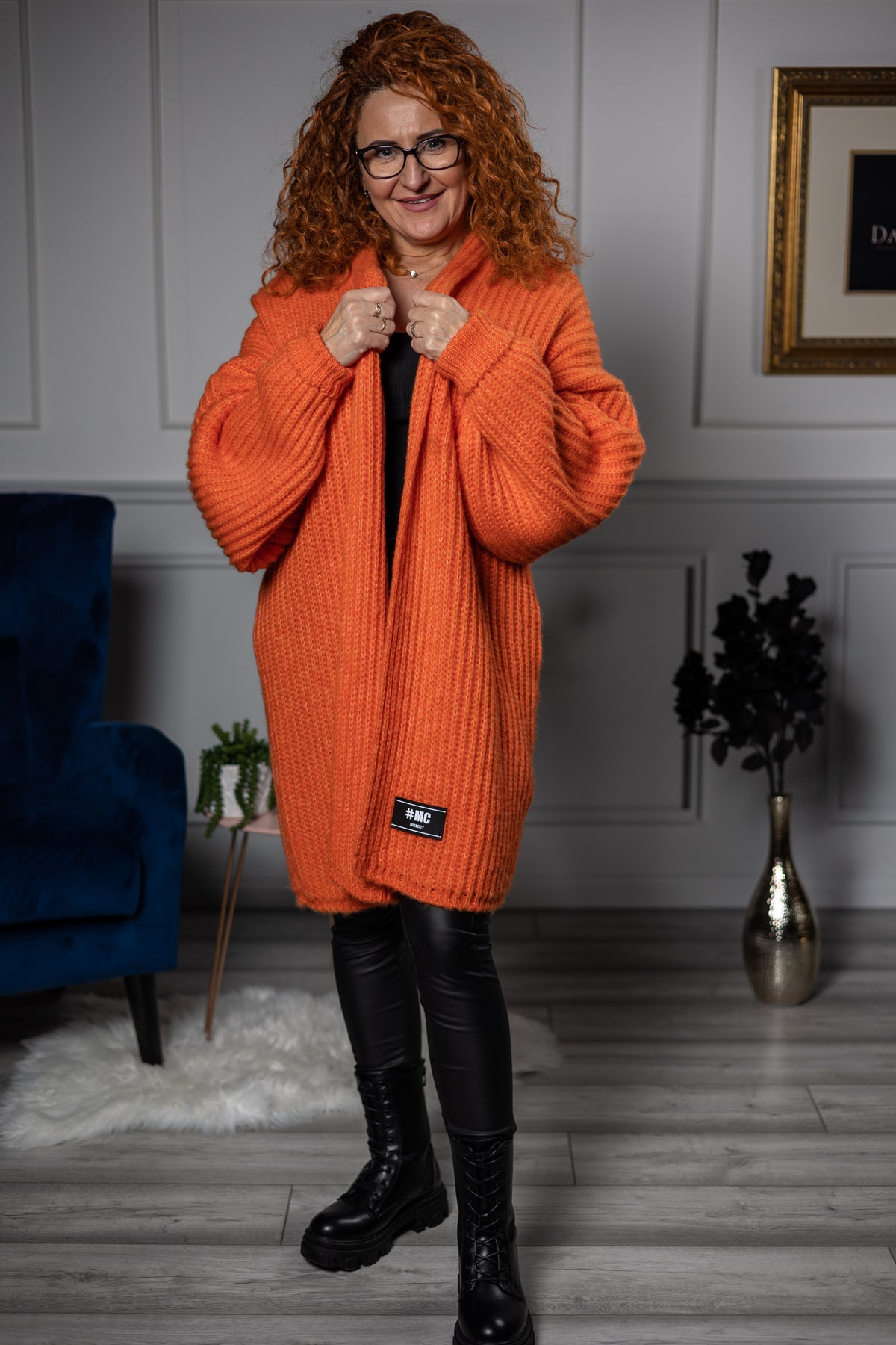 Open Front Chunky Cardigan Polo Orange