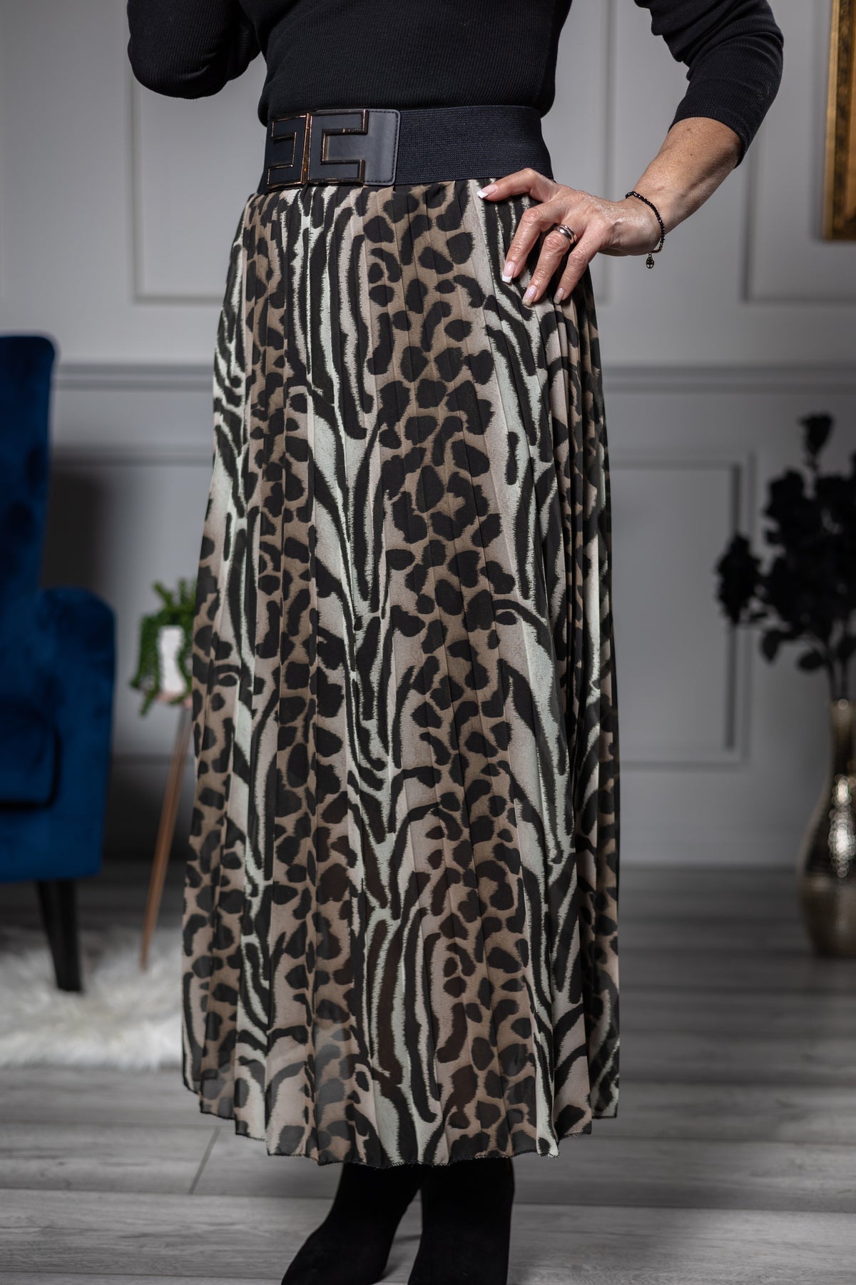 Leopard Print Pleated Maxi Skirt Leopard