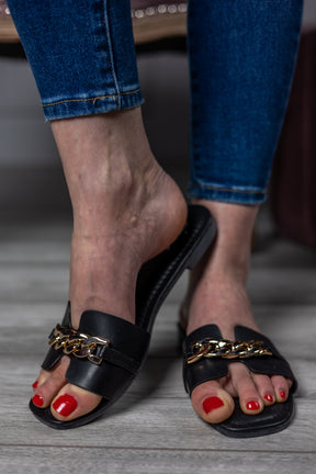 Faux Leather Sliders Chain Black