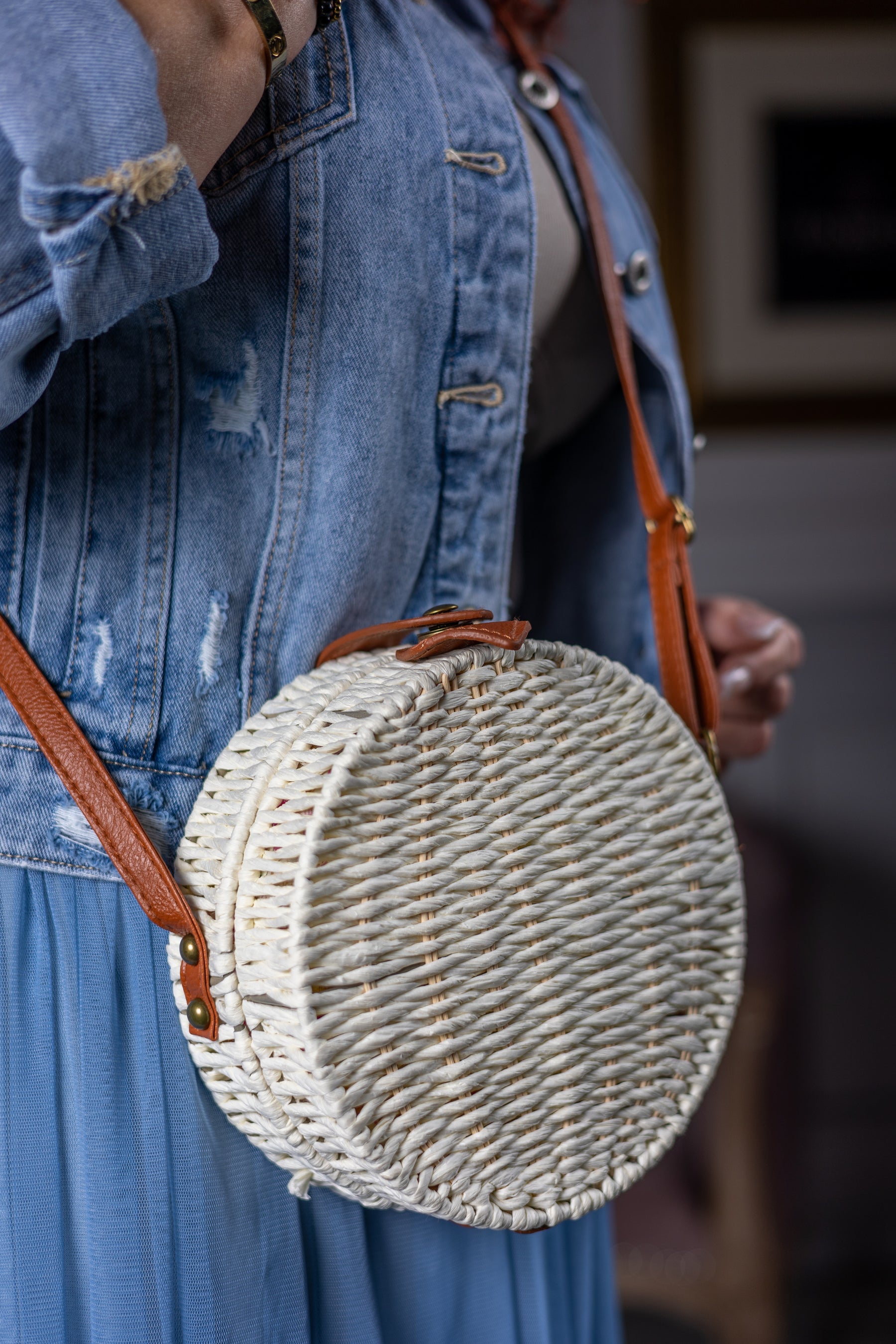 Circle Straw Handbag Mila White