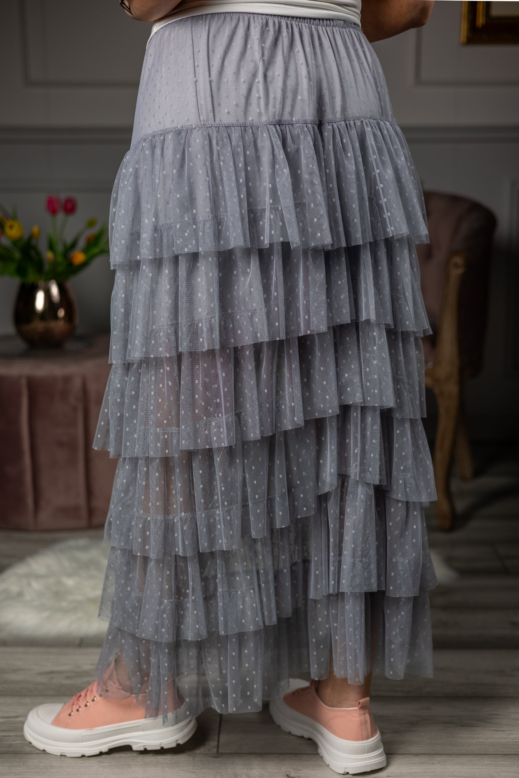 Tulle Ruffled Maxi Skirt Tulip Grey