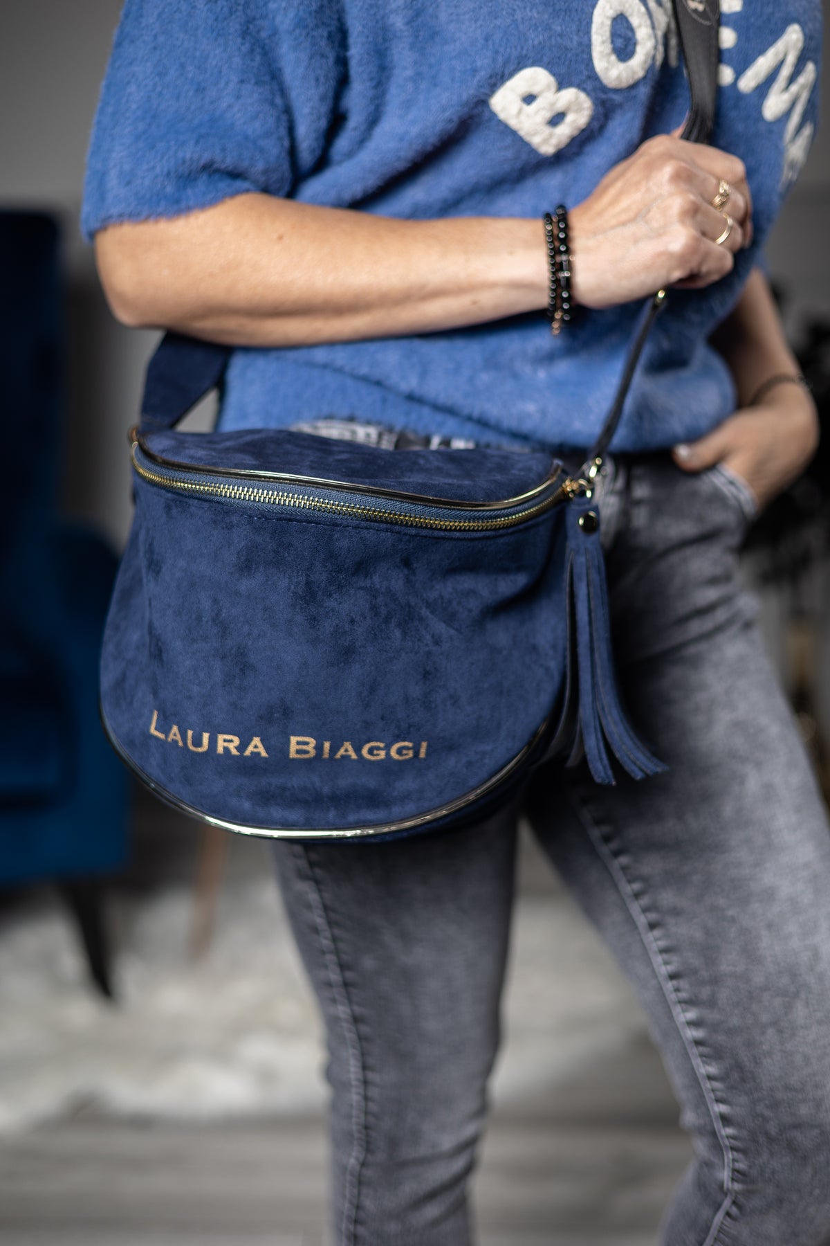 Faux Suede Handbag Barrel Blue