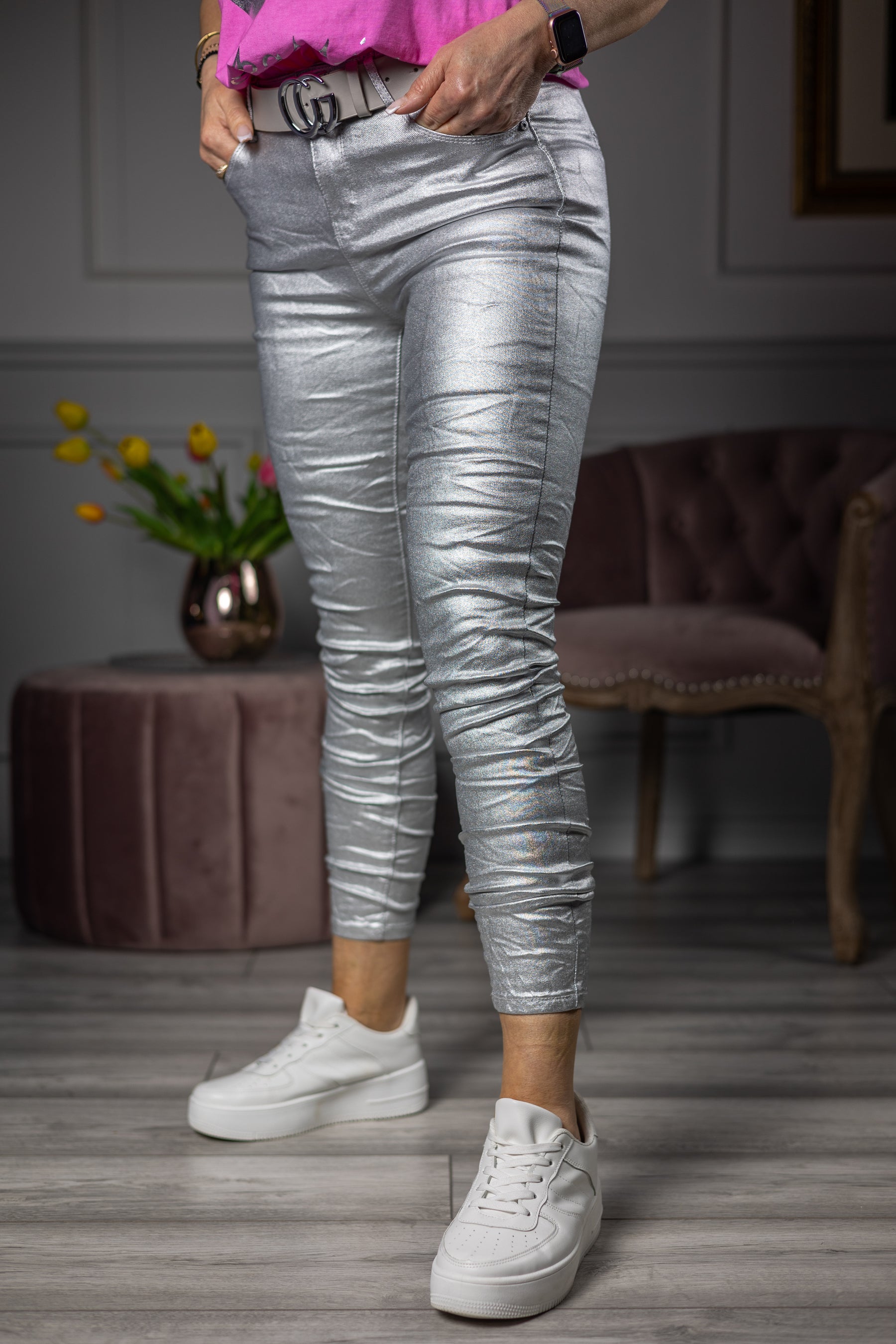 Coated Skinny Jeans Silver