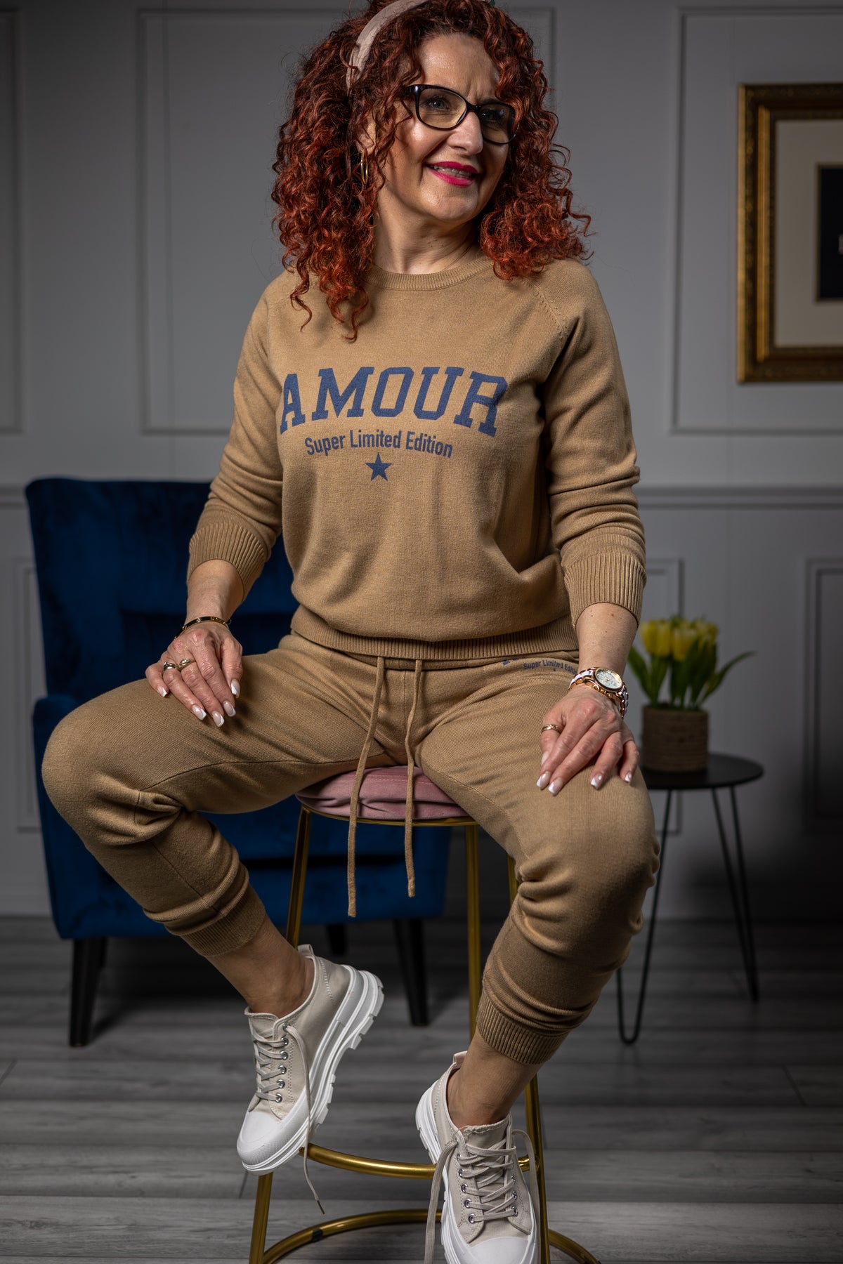 Knit Fabric Tracksuit Set Amour Camel