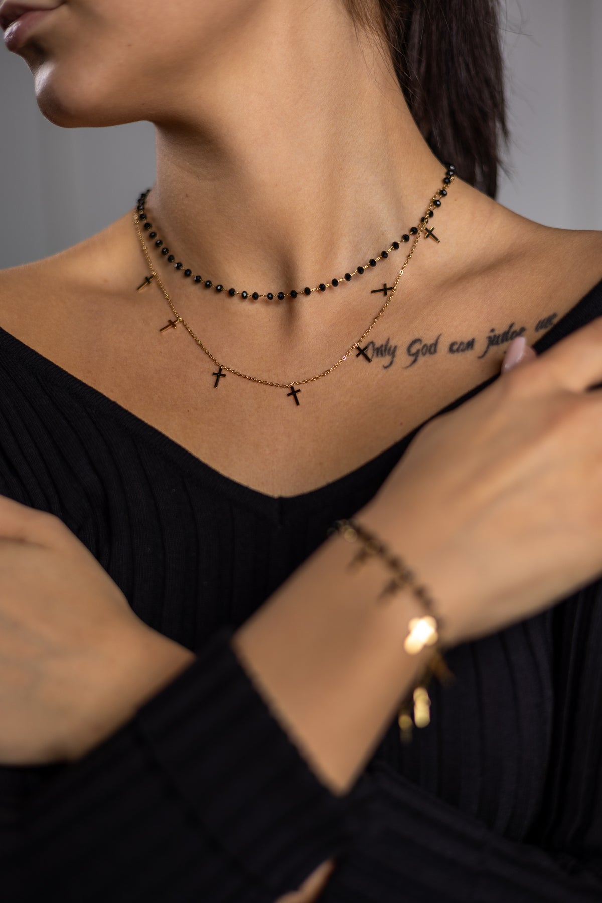 Layered Gold and Black Beed Necklace Cross ✨ ✨